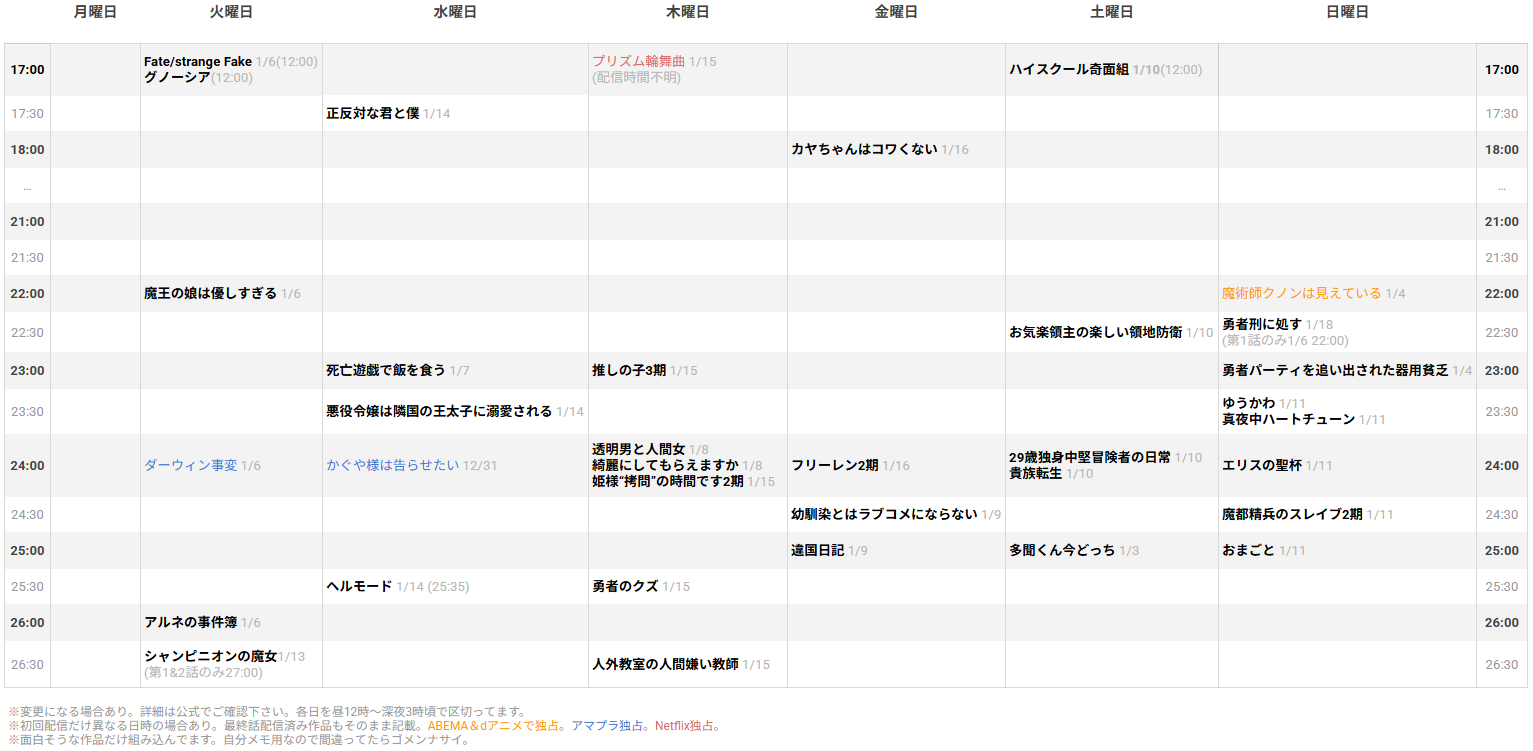 2026年1月スタートの冬アニメ週間配信スケジュール表 DMM TV